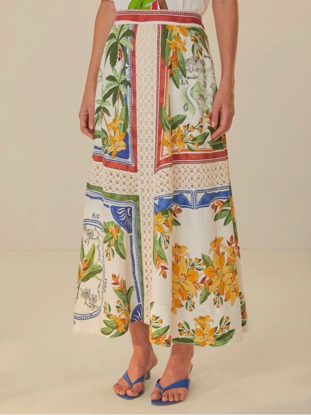 FARM Rio Tropical Destination Crochet Linen Midi Skirt, Size XL, NWT 🇧🇷